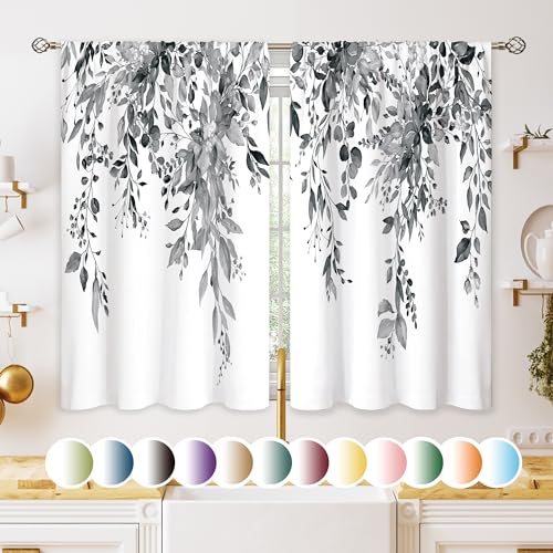 oolygoo Eucalyptus Botanical Leaves Grey Floral Kitchen Window Curtains Over Sink Farmhouse Flower Leaf Small Window Treatment Cafe Short Curtains for Bathroom Treatment Tier Drapes 27.5x39 inch