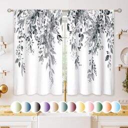oolygoo Eucalyptus Botanical Leaves Grey Floral Kitchen Window Curtains Over Sink Farmhouse Flower Leaf Small Window Treatment Cafe Short Curtains for Bathroom Treatment Tier Drapes 27.5x39 inch