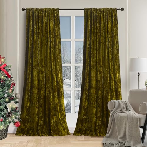 "gisewood Lux Moss Green Crushed Velvet Curtains 2 Panel Set - 96 inches Long Room Darkening Luxury Distressed Velvet Rod Pocket Window Drapes for Living Room Bedroom 52"" W x 96"" L"