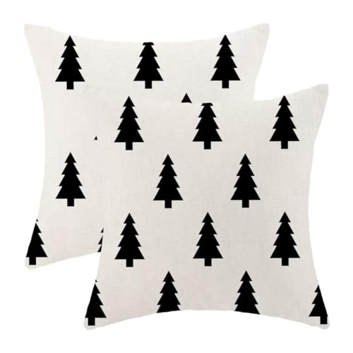 BETGINY 2 Pack Christmas Black and White Throw Pillow Covers 20x20 Inch Christmas Tree Decorative Linen Cushion Covers for Bedroom Home Sofa