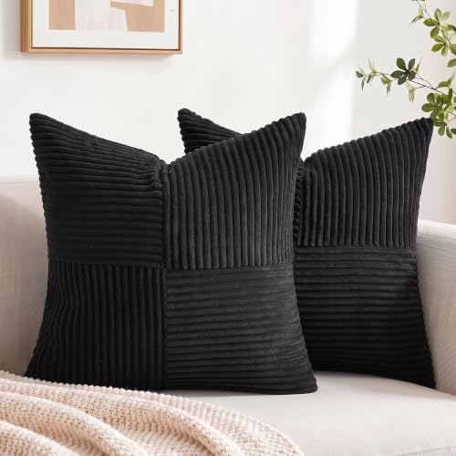 Fancy Homi 2 Packs Black Big Decorative Throw Pillow Covers 24x24 Inch for Couch Bed Sofa, Rustic Farmhouse Boho Home Decor, Soft Corss Corduroy Patchwork Accent Square Cushion Case 60x60 cm