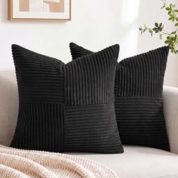 Fancy Homi 2 Packs Black Big Decorative Throw Pillow Covers 24x24 Inch for Couch Bed Sofa, Rustic Farmhouse Boho Home Decor, Soft Corss Corduroy Patchwork Accent Square Cushion Case 60x60 cm