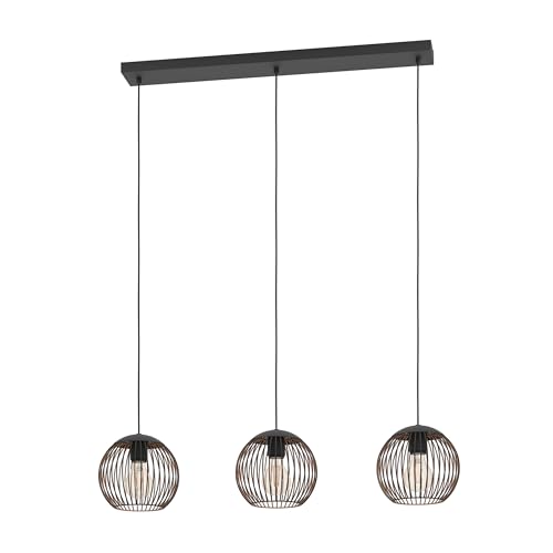 Eglo Pendant Lighting Almanzora, 3-Light Hanging lamp for Dining Table, Ceiling Light Fitting Living Room, Black and Copper Coloured Metal, E27 Socket, 90 cm