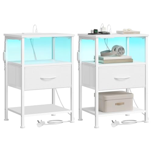SONGMICS BELLAH Collection - Bedside Table with Charging Station, Side End Table with App-Controlled Adjustable LED Lights, Modern, 2 Shelves, 1 Drawer, Set of 2, Cloud White LGS201W103