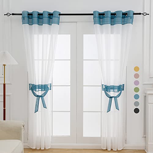 L.Z.E Smoke Blue and White Sheer Curtains 2 Panels Set for Living Room, Transparent Elegant Modern Sheer Curtain for Dining Room Bedroom,Grommet Small Window Curtains with Design