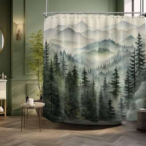 QGHOT Extra Wide Shower Curtain for Clawfoot Tub, 108x72 Inch, Green Forest Nature Mountain Pattern Bathroom Decor, Waterproof Cloth Fabric with Hooks