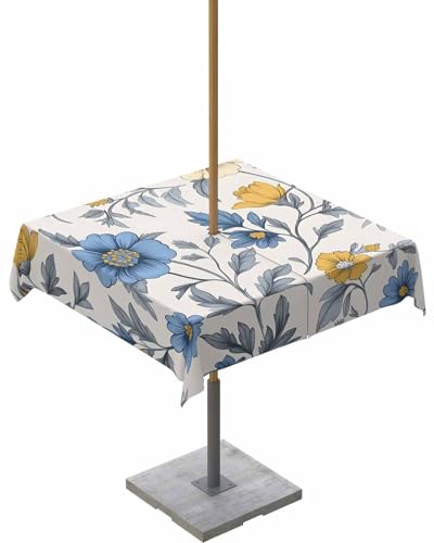 "QueenKer Vintage Floral Outdoor Tablecloth with Umbrella Hole and Zipper 54"" Square Table Cover Blue Yellow Flowers Leaves Waterproof Tabletop Collection for Patio Garden Picnic Camping"