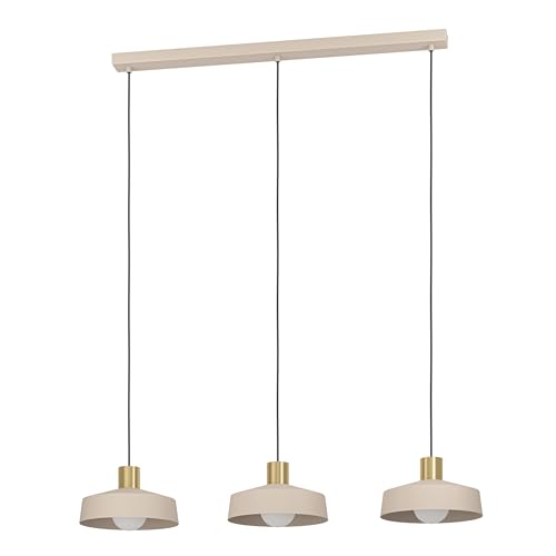 Eglo Pendant Lighting Valdiola, 3 lamp Ceiling Light Fitting, Hanging for Dining and Living Room Made of Metal in Sand Colour Brushed Brass Finish, E27 Socket