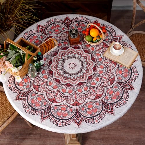 "Artbloss Round Fitted Tablecloth with Elastic Moroccan Waterproof Oli Proof Boho Table Cover Wipeable Vinyl Table Protector for Home Picnic Outdoor (Moroccan, 46""-55"" Round Tight Fit)"