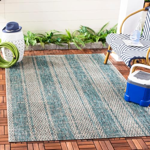 Safavieh Contemporary Indoor/Outdoor Woven Rectangle Area Rug, Courtyard Collection, CY8736, in Light Grey / Teal, 122 X 170 cm for Garden, Patio or Any Outdoor Space