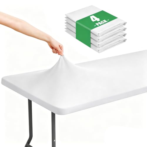 "Moosfor Spandex 4 Foot Rectangle Table Cloth 4 Pack, Elastic Fitted Tablecloths for Picnic, Stretch Washable Patio Table Cover for Outdoor, Camping, Banquet and Parties (White, 30""x48"")"