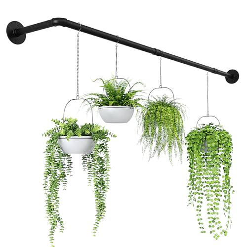 Bamworld L-Shaped Hanging Planters for Indoor Plants Hanging Plant Holder for Corner Plant Hanger Indoor Window Plant Shelves Ceiling Wall Mount Floating Black Metal Rod(Pot & Plant Not Included)