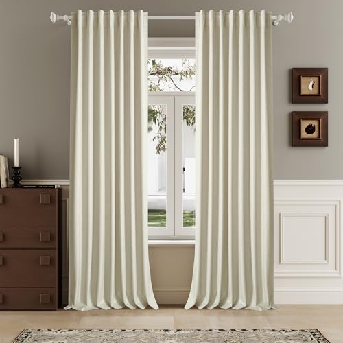 "DUALIFE Cream Beige Blackout Curtains 102 Inch Length 2 Panels Set for Living Room Bedroom Rod&Back Tab Thermal Insulated 100% Black Out Linen Drapes Room Darkening Window Curtains 72"" x 102"""