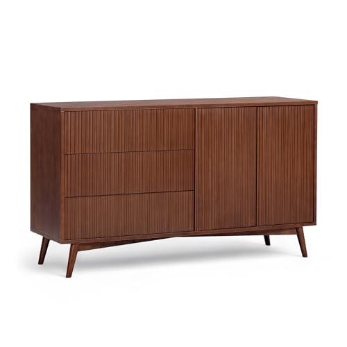 Teamson Home Tremolo 140 cm Wide Wooden Sideboard with 3 Drawers, 2 Push-Open Doors, Fluted Wood Fronts and Acacia Veneer Finish, Walnut, Brown