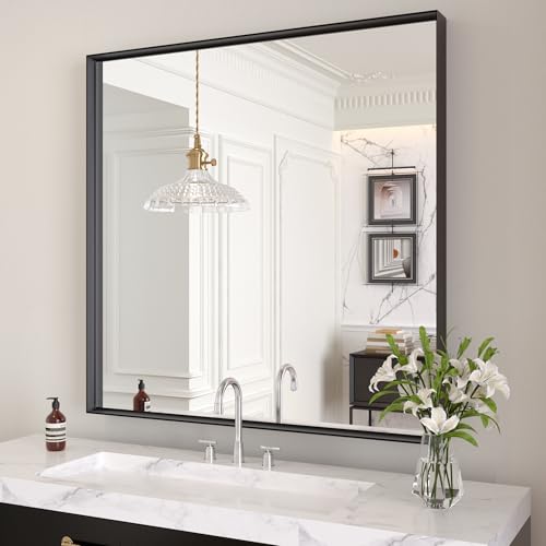 "LOAAO Black Bathroom Mirror 36""X36"" - Tempered Glass, Hangs Vertically or Horizontally, Easy to Install, Wall Mounted, Modern Design"