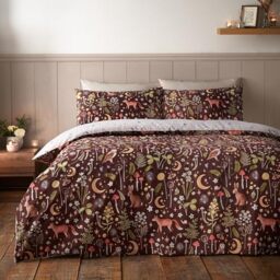 Catherine Lansfield Enchanted Twilight Animals Reversible Double Duvet Cover Set with Pillowcases Chocolate