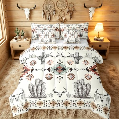 Erosebridal Khaki Southwestern Full Comforter Set with Sheets 7 Piece Vintage Western Aztec Bed in A Bag Rustic Country Geometric Bedding Sets for Women Adults Boho Tribal Cactus Bull Skull Bed Set