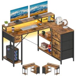 YITAHOME L Shaped Computer Desk with Drawers Power Outlet 140cm Brown