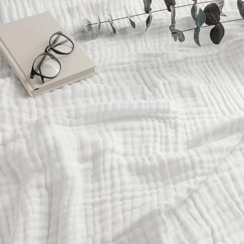 Comfy Cubs Adult Muslin Blanket Twin, 229 x 168 cm - Soft, Six-Layered, Lightweight, Breathable Cotton Blanket for All Seasons - Machine Washable, Stylish Home Decor - White