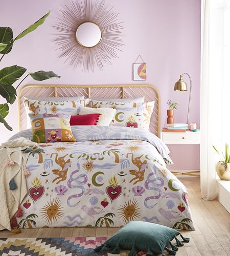 furn Alchemy Duvet Cover Set – Abstract Symbol Print with Floral Reverse, Reversible Polycotton Bedding (Multicolour – Double)