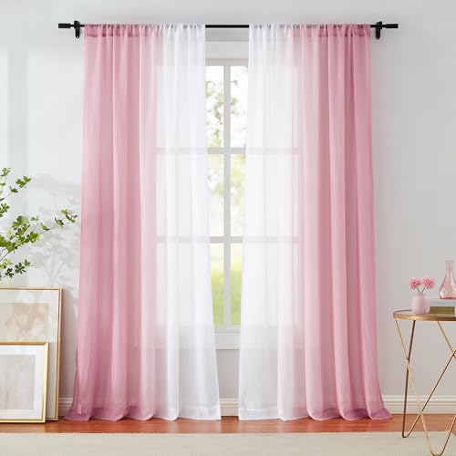 "Pink Ombre Chiffon Sheer Window Curtain Panels 63 Inch Long Crinkle Voile Sheer Curtains for Living Room Kids Room, Set of 2 Gradient Window Crushed Treatment Drapes Bedroom, Rod Pocket 52""x63""x2"