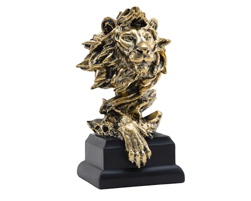 AMOIENSIS Lion Bust Statue Table Decor, Symbol of Strength and Courage, Antique Gold 9 inch Resin Lion Statue, Lion Sculpture Men Office Home Desk Decor, Abstract Leo Lion Business Team Mascot Gift