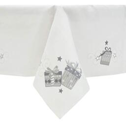 Mr Crimbo Christmas Tablecloth White Polyester Fabric Silver Embroidered Presents - 52 x 70