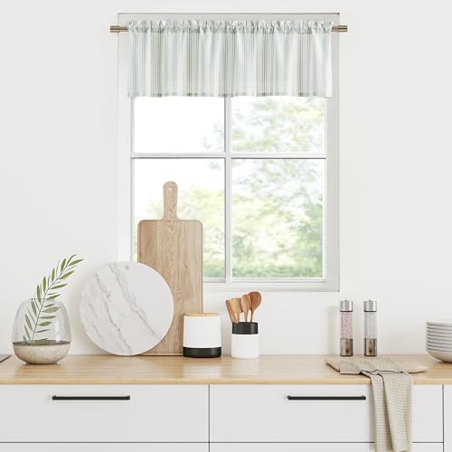 "ZJDECOR Green White Striped Semi Sheer Kitchen Curtain Valance,55"" Wx15 Lx1 - Stripe Pattern Cafe Curtains,Light Filtering,Rod Pocket,Farmhouse Style,78%Polyester???22%Cotton,Small Window Treatment"