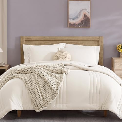 Full Size Comforter Set-7 Pieces White Soft Bed in a Bag Full Bedding Sets - Monbix All-Season Vertical Quilted Comforter with Sheets, Pillow Shams & Pillowcases