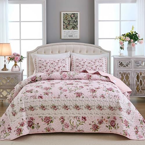 "Xruibed Floral Quilt Set King Size, 3PCs Antique Rose Pink Bedspread Coverlet Set, Lightweight Soft Microfiber Pink Quilt Set with 2 Pillowcases for All Season (King Size 110""x90"")"