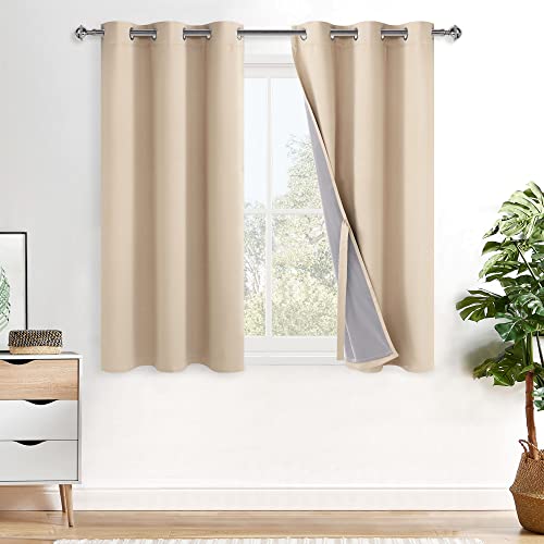 XWZO Complete Blackout Shades Window Curtain Panels with Tiebacks- Noise Reduction and Light Blocking Grommet Curtains with Black Liner for Studio, Basement Room, Biscotti Beige, W42 x L45, Set of 2