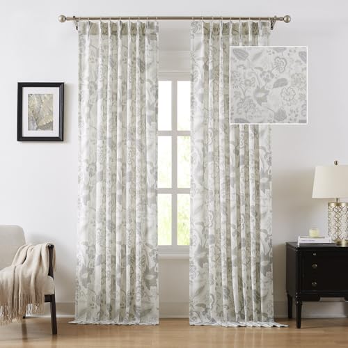 "Kayne Studio Floral Leaf Print Light Filtering Curtains Grey Linen Botanical Leaf Flower Farmhouse Drapes Semi Sheer Window Treatment Set for Living Room Bedroom Pinch Pleated BackTab,40""x95"",2 Panels"