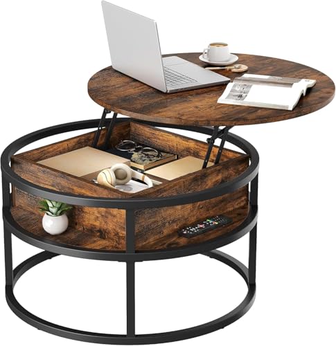 YITAHOME Round Lift Top Coffee Table, Coffee Tables for Living Room with Hidden Storage Compartment, Modern Coffee Table with Storage for Home Office,Round Center Tables Living Room (Brown)