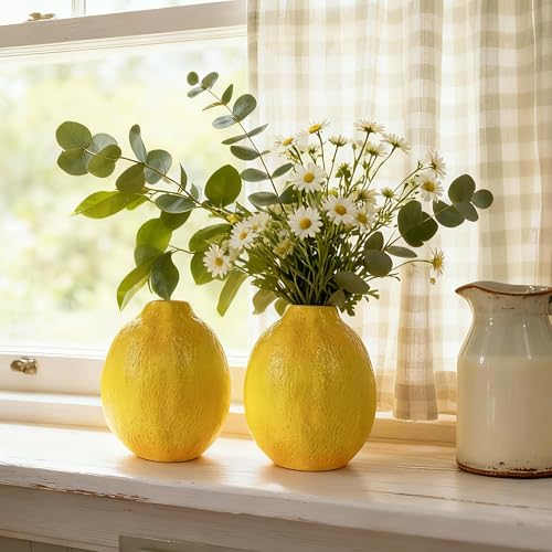 Cynkeyee Unique Lemons Shaped Vase for Decor - Set of 2 Fruit Shaped Vase, Ceramic Vases Decor for Flowers, Fake Lemon Decorations Vases for Centerpieces, Living Room, Office 3.5 x 3.5 x 4.5 Inch