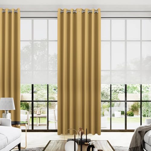 KOUFALL, Elegant Luxury Curtains for Living Room Golden Grommet Blackout Curtains for Bedroom Sliding Door Glass Patio Door 2 Pack 250cm Long