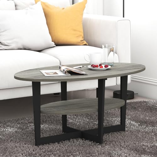 Furinno Jaya 2-Tier Round Coffee Table, Small Grey Coffee Table with Storage Shelf, Oval Center Table for Living Room, Bedroom, Home Office, Grey Oak