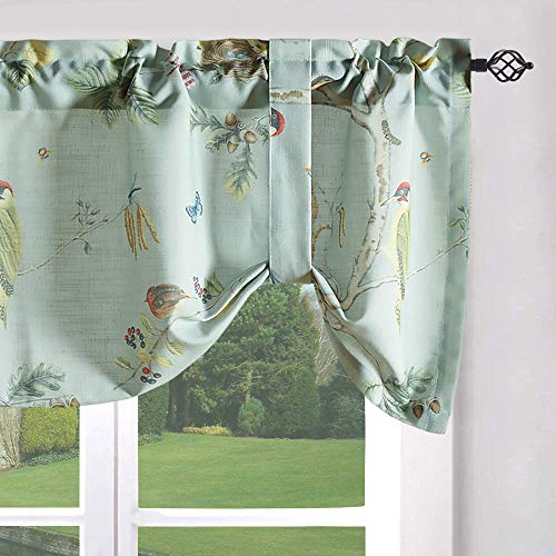 Leeva Tie Up Valance for Windows, Elegant Birds Pattern Light Filtering Window Treatment Valances for Bedroom Kitchen, One Panel, 52 x 18, Light Blue