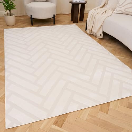 THE RUGS Living Room Rug, Loft Collection – Modern Textured 14mm Soft Pile Area Carpet, Non-Shedding & Easy Care [ Chevron Cream, 80x150 cm]