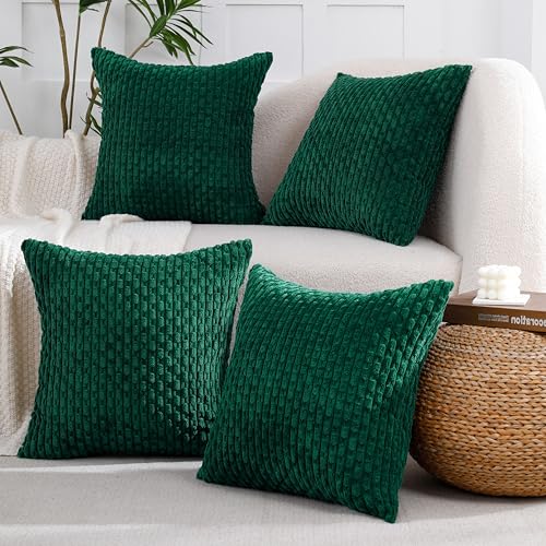 VAKADO Couch Christmas Decorative Throw Pillow Covers Corduroy 16x16 Set of 4 Dark Green Home Living Room Neutral Rustic Farmhouse Cushion Case Decor Boho Square for Bed Sofa