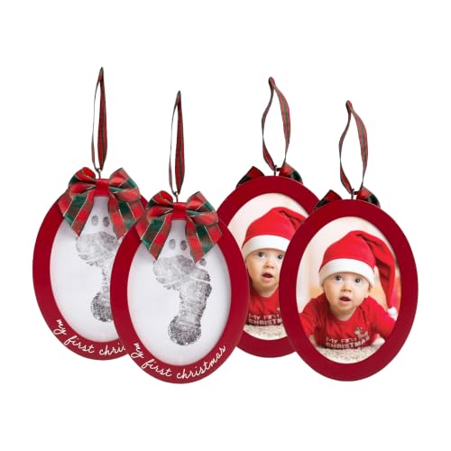 Pearhead Babyprints Double-Sided Christmas Ornament, First Holiday Keepsake Frame with Clean-Touch Ink Pad, Newborn Handprint Footprint Kit, Infant Photo Decoration, Red (Pack of 2)