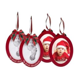 Pearhead Babyprints Double-Sided Christmas Ornament, First Holiday Keepsake Frame with Clean-Touch Ink Pad, Newborn Handprint Footprint Kit, Infant Photo Decoration, Red (Pack of 2)
