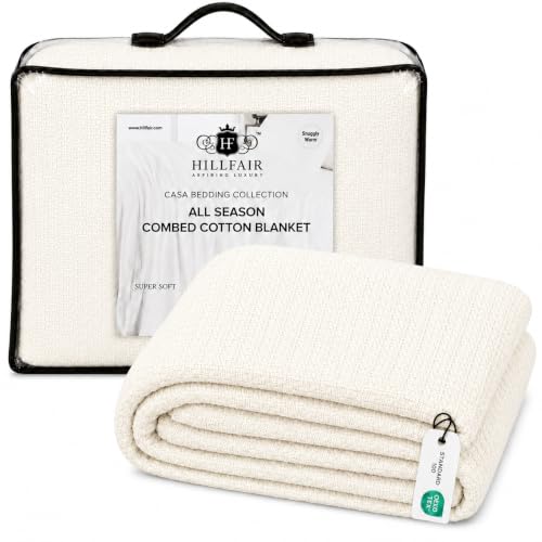 "HILLFAIR 100% Cotton Blanket- 120"" x 120"" XXL Oversized King Bed Blankets - Family Size 10 ft x 10 ft Big - All Season Soft Cozy Breathable Blankets for Bed - Extra Large King Cotton Blanket- Ivory"