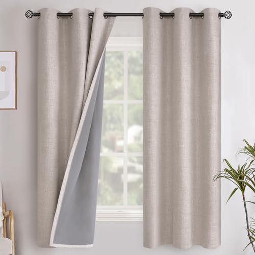 YoungsTex Beige Linen Blackout Curtains for Bedroom, Room Darkening Drapes with Grommets Thermal Insulated Energy Saving for Farmhouse Living Room, 2 Panels, 38 X 63 Inch