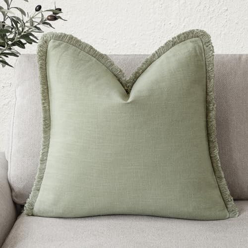 Foindtower Decorative Linen Fringe Throw Pillow Covers Cozy Boho Farmhouse Cushion Cover with Tassels Soft Accent Pillowcase for Chair Sofa Bed Living Room Home Decor, 20??20 Inch, 1PC,Light Sage Green