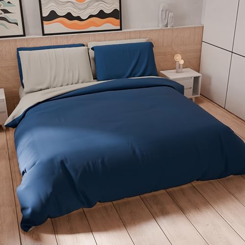 PETTI Artigiani Italiani - Double Duvet Cover Set 200 x 200 cm (2 Pillowcases 63 x 63 cm Included), Soft Microfibre Duvet Cover Set, Plain Grey Light Grey - Night Blue