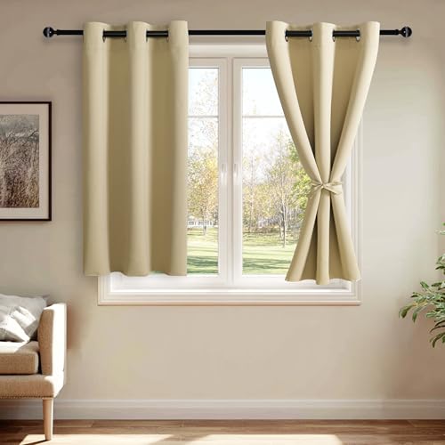 JIUZHEN Light Beige Blackout Curtains with Tiebacks - Thermal Insulated, Light Blocking and Noise Reducing Grommet Curtain Drapes for Bedroom and Living Room, Set of 2 Panels, 42 x 54 Inch Length