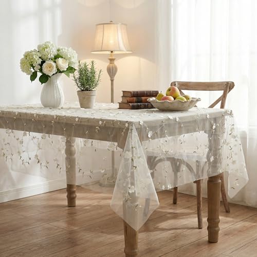 Horaldaily White Floral Rectangle Tablecloth, 60??140 Inch, Beige Flower - Spring Summer Gauze Tablecloth, Seasonal Tulle Table Cover, Garden Party Decor, Resuable,Washable