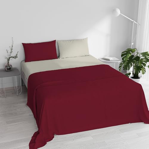 Double Bed Sheet Set, 100% Natural Cotton, Made in Italy – Complete Bed Set, Fitted Sheet, Top Sheet 240 x 300 cm and Pillowcases with Inner Flap, Burgundy/Cream
