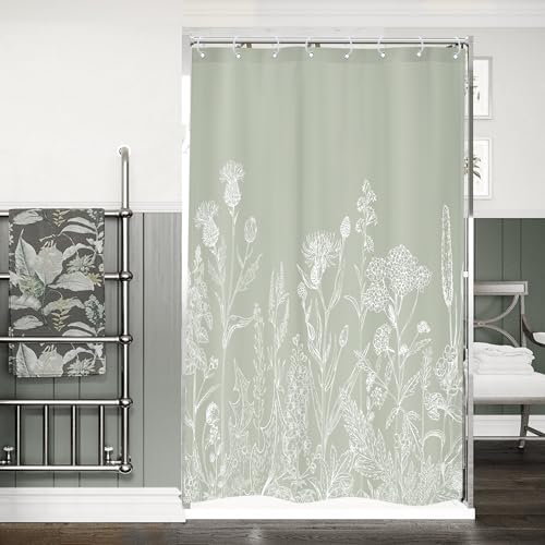 "Small Stall Narrow Sage Green Floral Plants Art Bathroom Shower Curtain Set - 48""W x 72""H Wildflower Botanical Natural waterproof HD print, quick-dry fabric with plastic hooks for easy hanging."