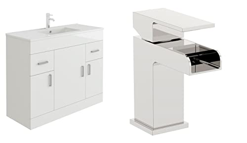 VeeBath Sphinx 1000 Vanity Unit with Basin and Waterfall Mixer Tap, Floor Standing Cabinet Rectangular Ceramic Wash Basin for Bathroom Furniture with 3 Doors and 2 Drawers- Gloss White (Flat Pack)